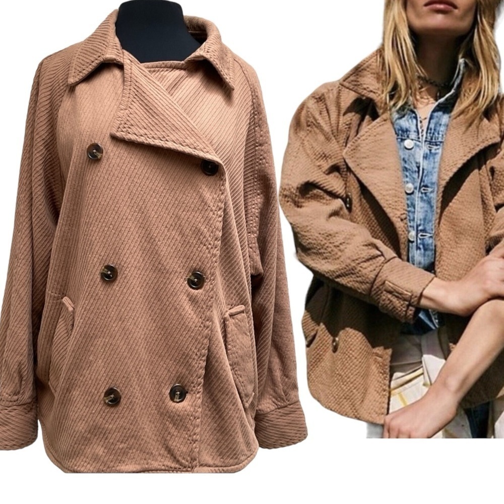 Free People  Remi Cord Coat Jacket Double Breasted Size Large Tan - Picture 2 of 15